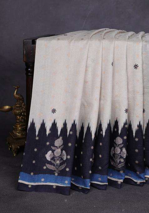 Matka Tussar Saree Beige And Black Blue With Allover Thread Buttas Butta Prints And Long Temple Design Printed Border For Women
