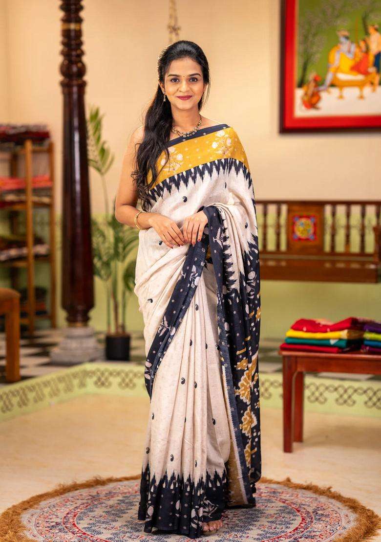Matka Tussar Saree Beige And Black Mustard Yellow With Allover Thread Buttas Butta Prints And Long Temple Design Printed Border For Women - Indya