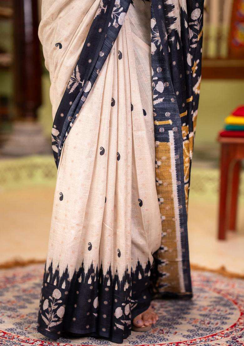 Matka Tussar Saree Beige And Black Mustard Yellow With Allover Thread Buttas Butta Prints And Long Temple Design Printed Border For Women - Indya