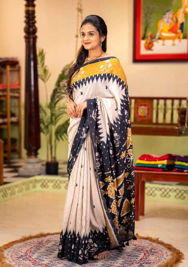 Matka Tussar Saree Beige And Black Mustard Yellow With Allover Thread Buttas Butta Prints And Long Temple Design Printed Border For Women - Indya