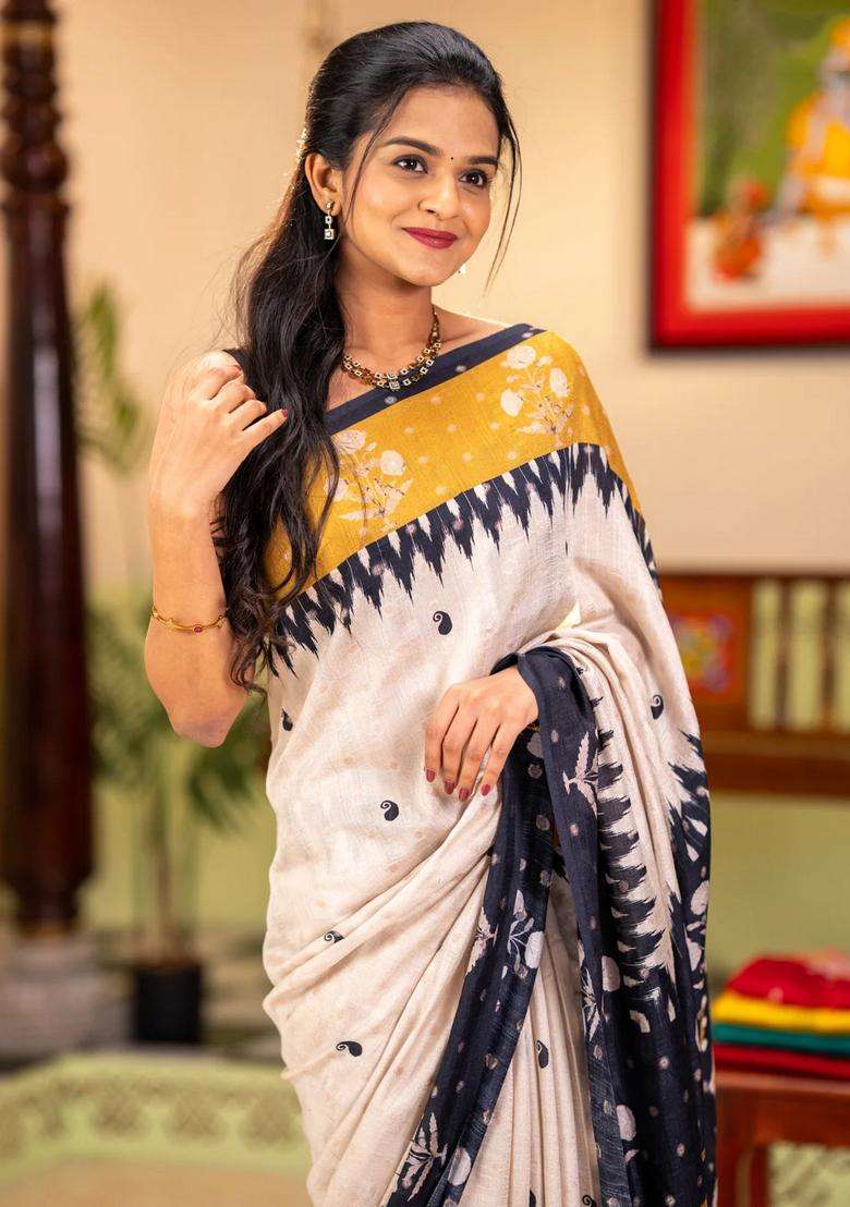 Matka Tussar Saree Beige And Black Mustard Yellow With Allover Thread Buttas Butta Prints And Long Temple Design Printed Border For Women - Indya