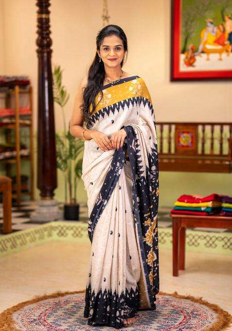 Matka Tussar Saree Beige And Black Mustard Yellow With Allover Thread Buttas Butta Prints And Long Temple Design Printed Border For Women
