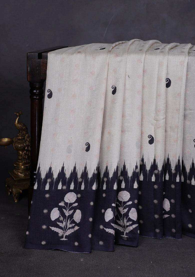 Matka Tussar Saree Beige And Black Maroon With Allover Thread Buttas Butta Prints And Long Temple Design Printed Border For Women - Indya