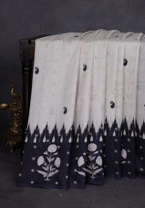 Matka Tussar Saree Beige And Black Maroon With Allover Thread Buttas Butta Prints And Long Temple Design Printed Border For Women