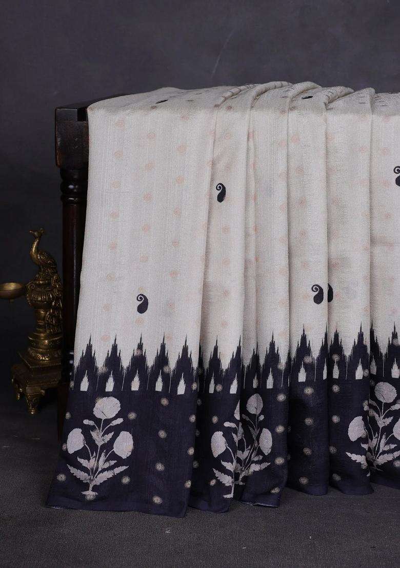 Matka Tussar Saree Beige And Black Teal Green With Allover Thread Buttas Butta Prints And Long Temple Design Printed Border For Women - Indya