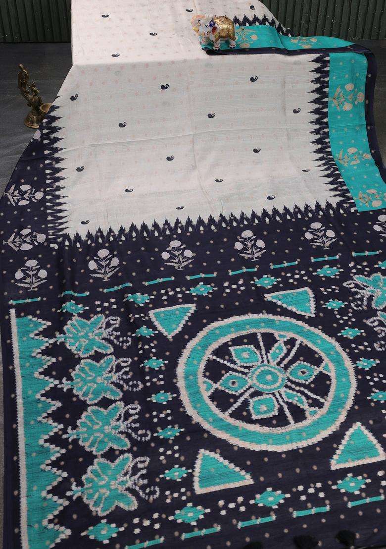 Matka Tussar Saree Beige And Black Teal Green With Allover Thread Buttas Butta Prints And Long Temple Design Printed Border For Women - Indya