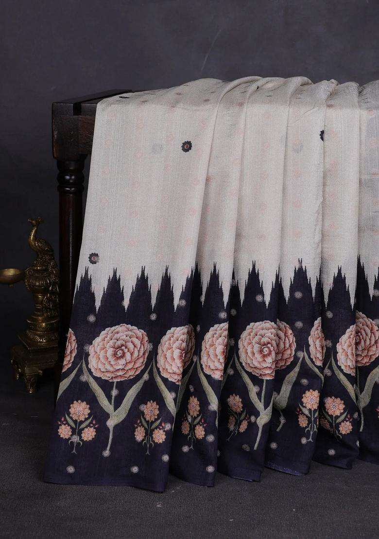 Matka Tussar Saree Beige And Blue With Allover Thread Buttas Butta Prints And Long Temple Design Printed Border For Women - Indya
