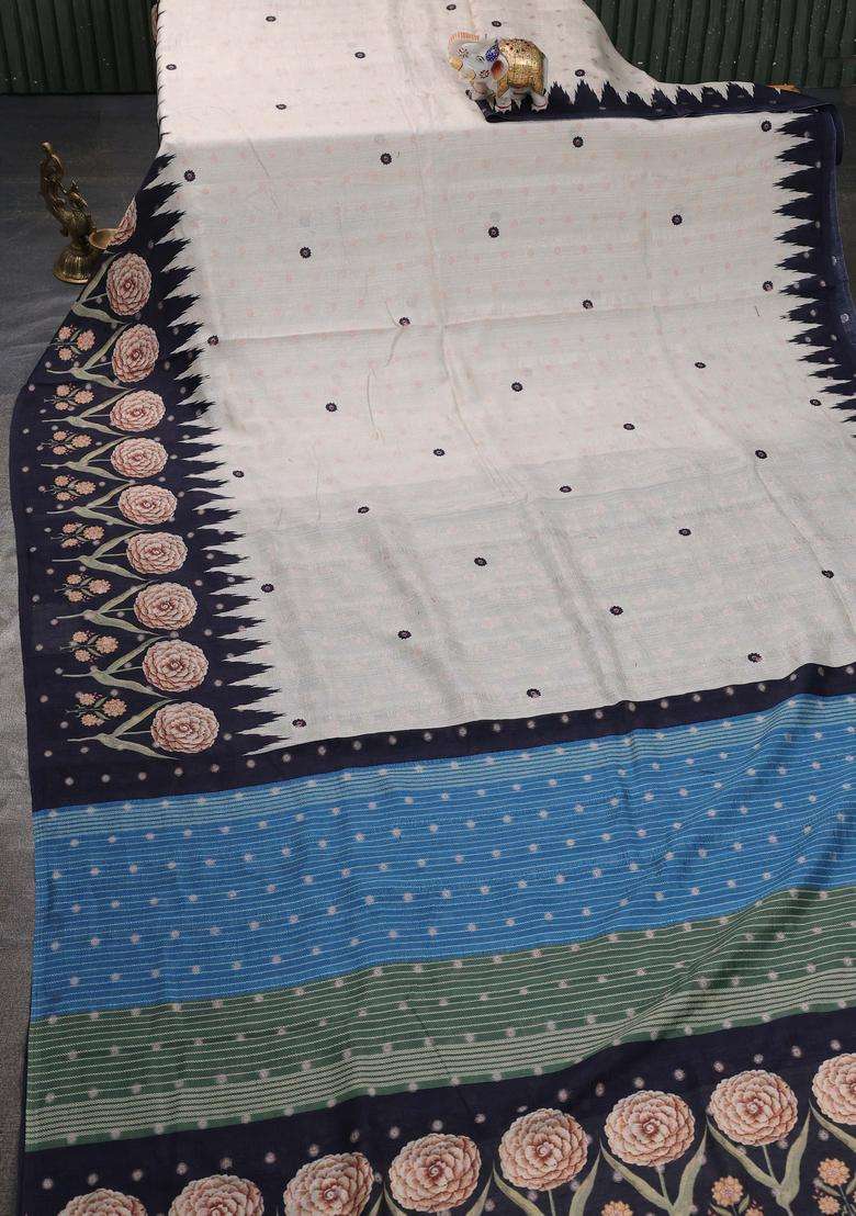 Matka Tussar Saree Beige And Blue With Allover Thread Buttas Butta Prints And Long Temple Design Printed Border For Women - Indya