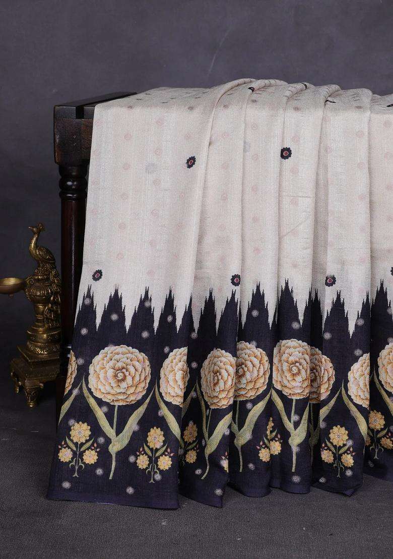 Matka Tussar Saree Beige And Yellow With Allover Thread Buttas Butta Prints And Long Temple Design Printed Border For Women - Indya