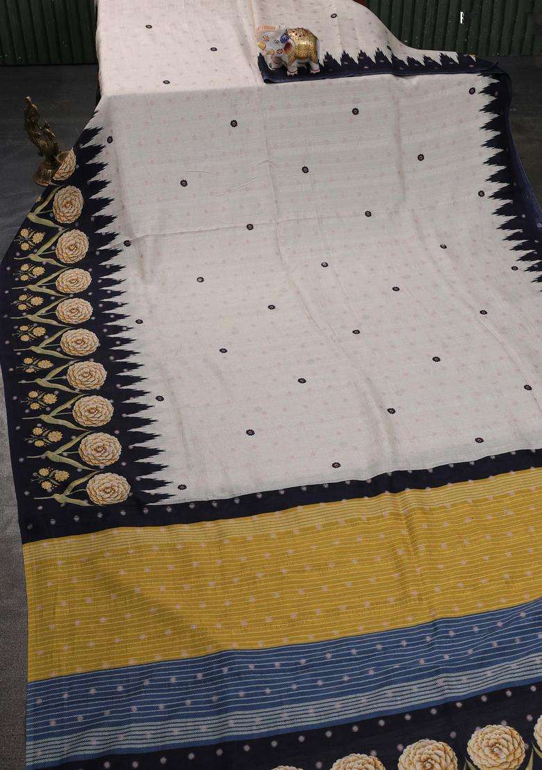 Matka Tussar Saree Beige And Yellow With Allover Thread Buttas Butta Prints And Long Temple Design Printed Border For Women - Indya