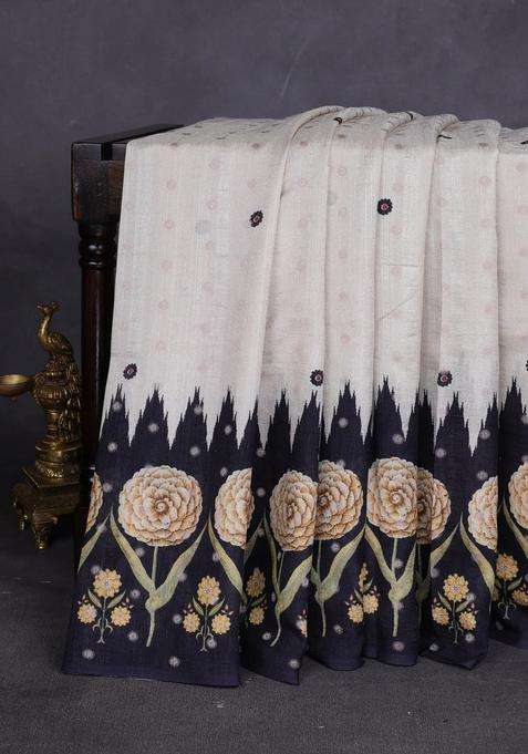 Matka Tussar Saree Beige And Yellow With Allover Thread Buttas Butta Prints And Long Temple Design Printed Border For Women