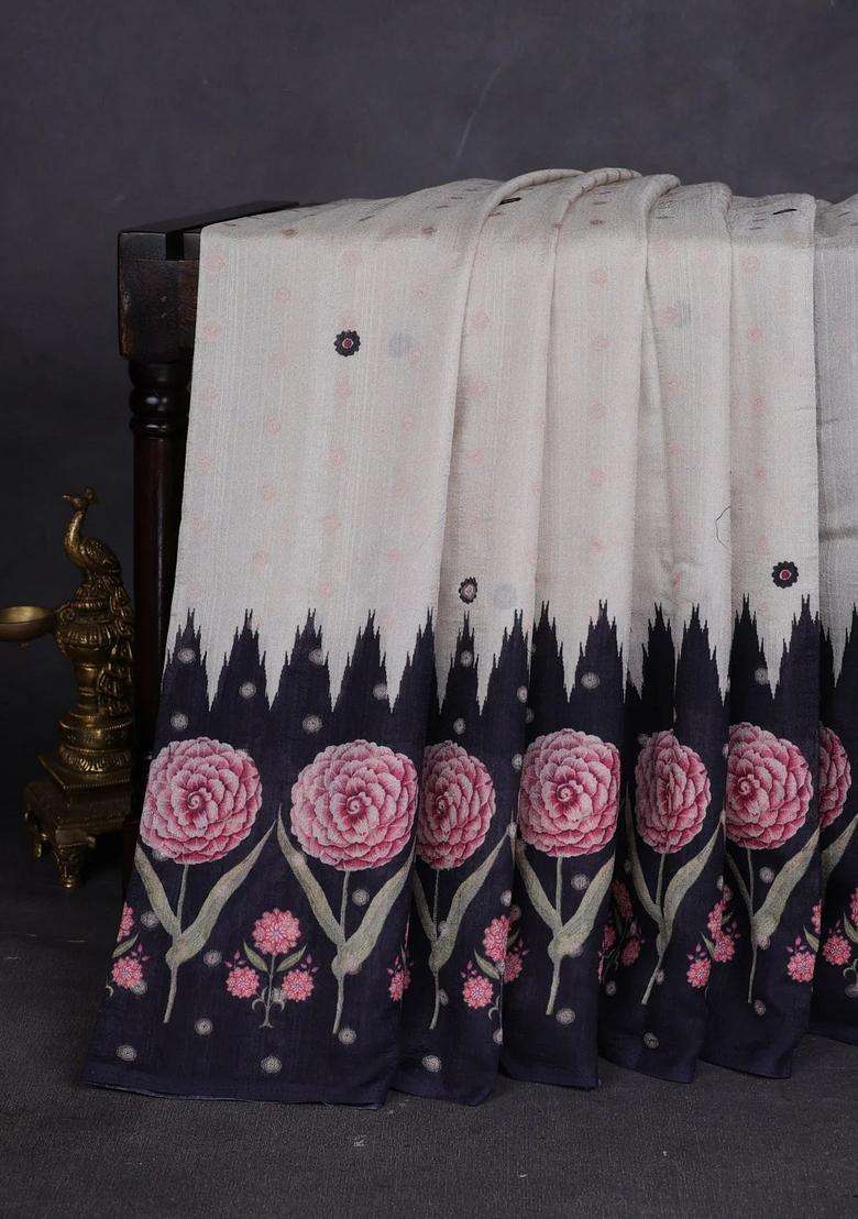 Matka Tussar Saree Beige And Teal Green With Allover Thread Buttas Butta Prints And Long Temple Design Printed Border For Women - Indya