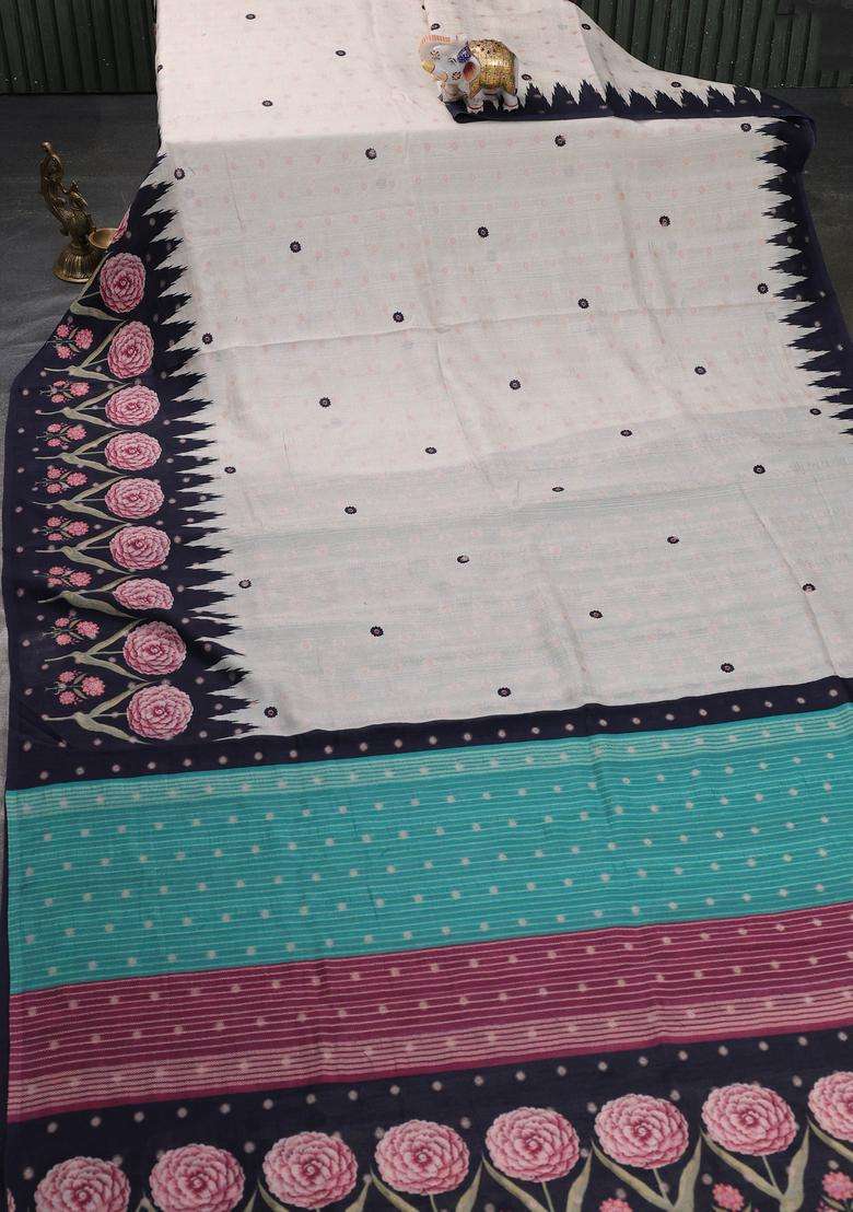 Matka Tussar Saree Beige And Teal Green With Allover Thread Buttas Butta Prints And Long Temple Design Printed Border For Women - Indya