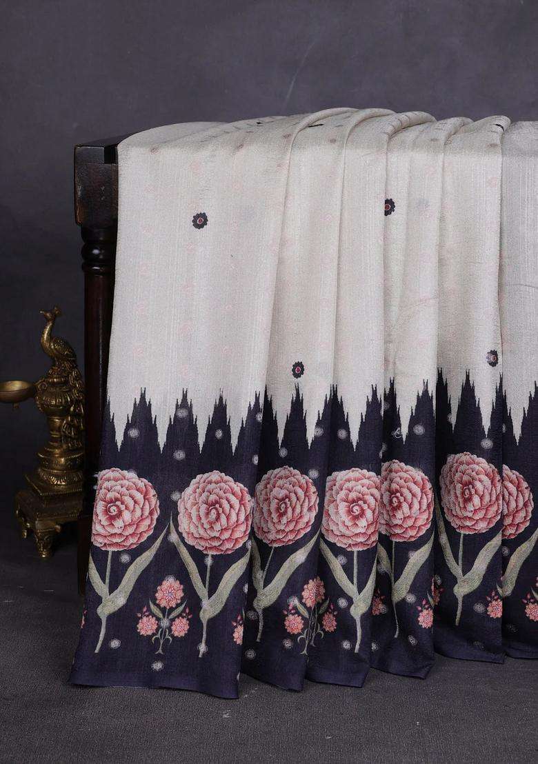 Matka Tussar Saree Beige And Deep Maroon With Allover Thread Buttas Butta Prints And Long Temple Design Printed Border For Women - Indya