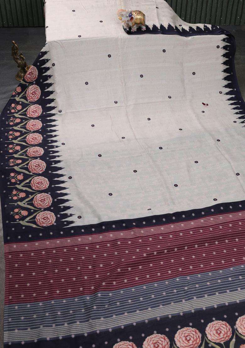 Matka Tussar Saree Beige And Deep Maroon With Allover Thread Buttas Butta Prints And Long Temple Design Printed Border For Women - Indya