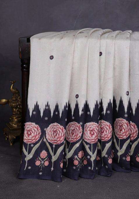 Matka Tussar Saree Beige And Deep Maroon With Allover Thread Buttas Butta Prints And Long Temple Design Printed Border For Women