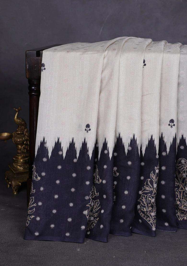 Matka Tussar Saree Beige And Maroon With Allover Thread Buttas Butta Prints And Long Temple Design Printed Border For Women - Indya