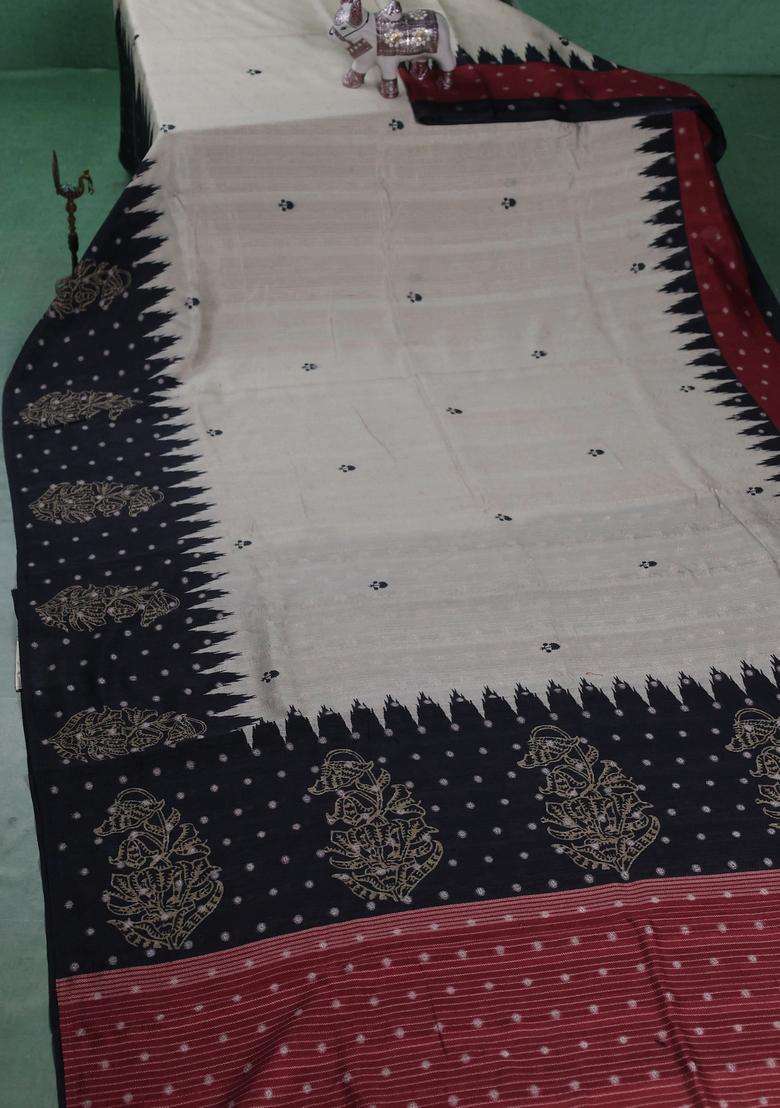 Matka Tussar Saree Beige And Maroon With Allover Thread Buttas Butta Prints And Long Temple Design Printed Border For Women - Indya