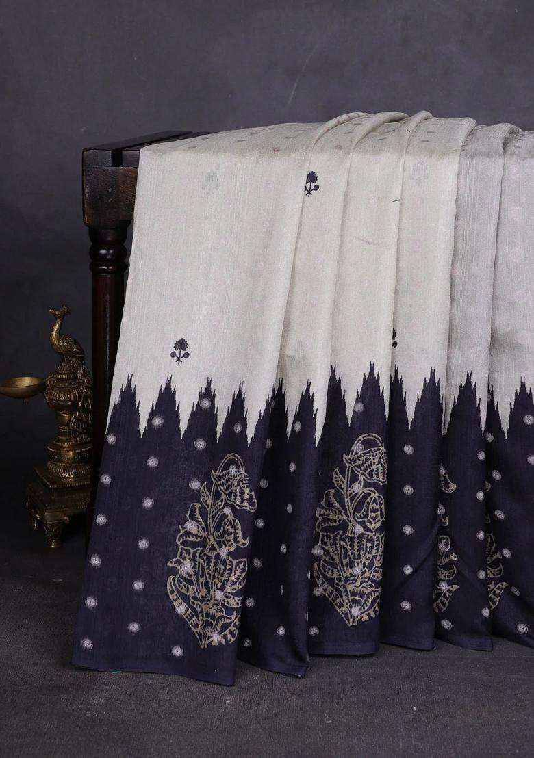 Matka Tussar Saree Beige And Black Teal Green With Allover Thread Buttas Butta Prints And Long Temple Design Printed Border For Women - Indya