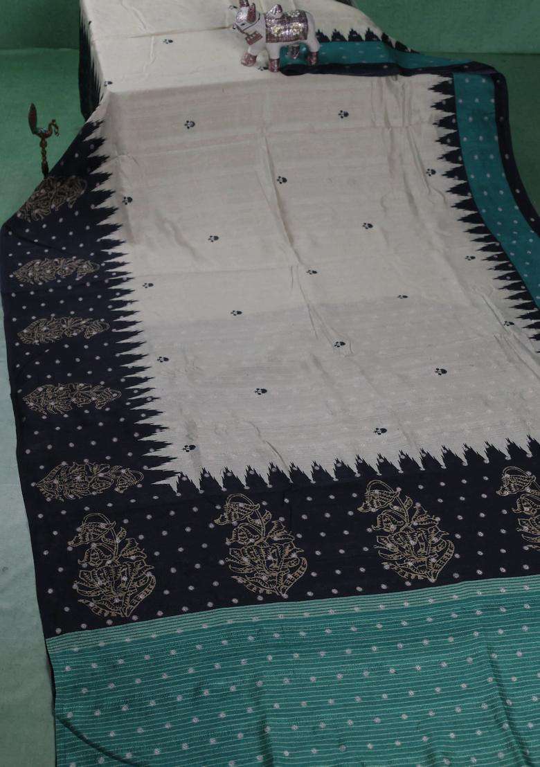 Matka Tussar Saree Beige And Black Teal Green With Allover Thread Buttas Butta Prints And Long Temple Design Printed Border For Women - Indya