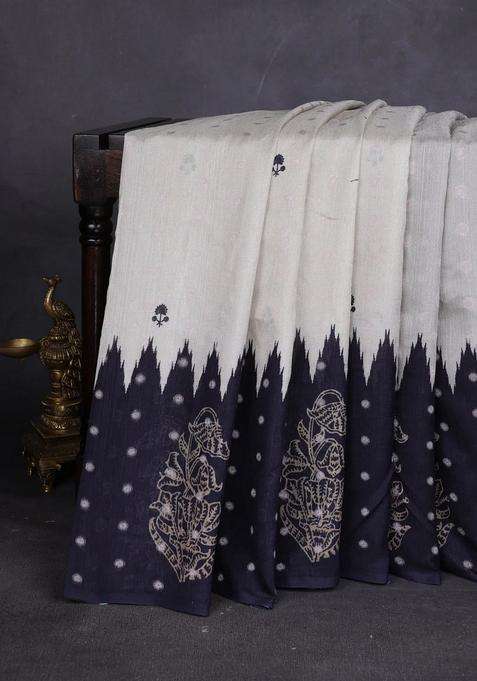 Matka Tussar Saree Beige And Black Teal Green With Allover Thread Buttas Butta Prints And Long Temple Design Printed Border For Women