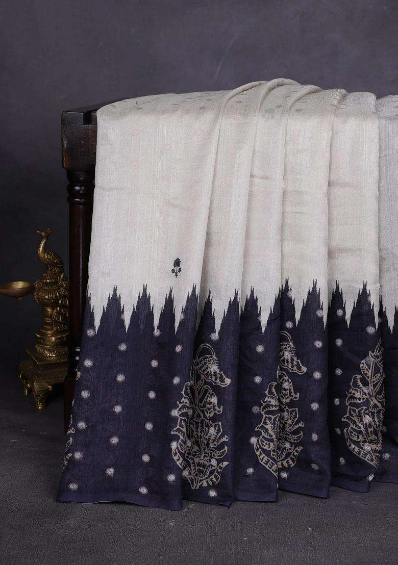 Matka Tussar Saree Beige And Black Dark Pink With Allover Thread Buttas Butta Prints And Long Temple Design Printed Border For Women - Indya