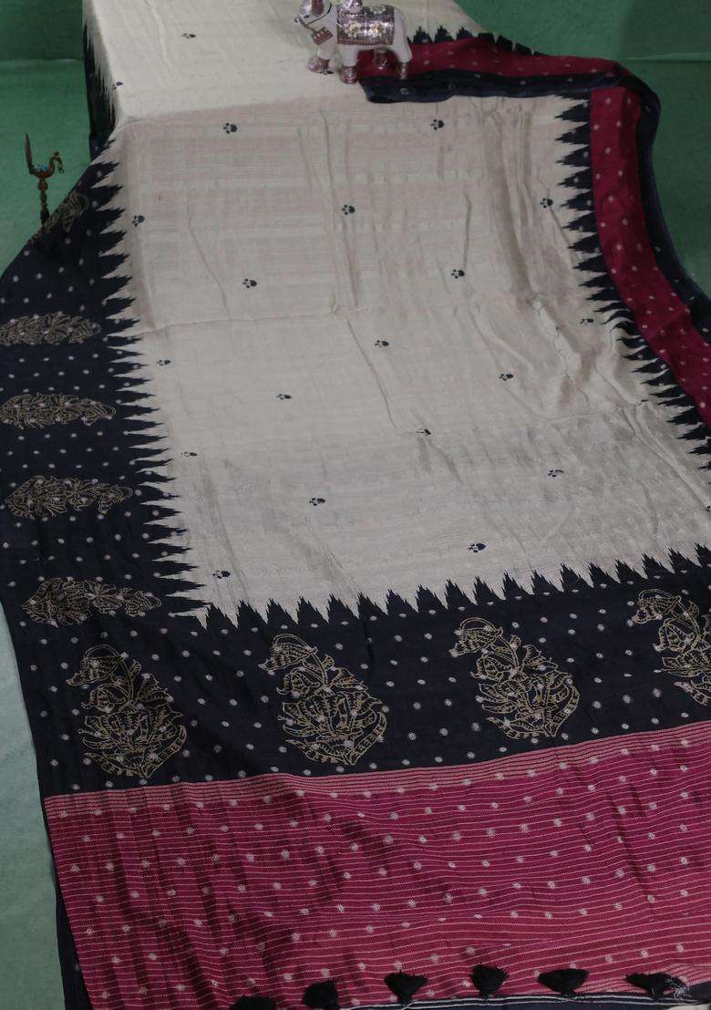 Matka Tussar Saree Beige And Black Dark Pink With Allover Thread Buttas Butta Prints And Long Temple Design Printed Border For Women - Indya