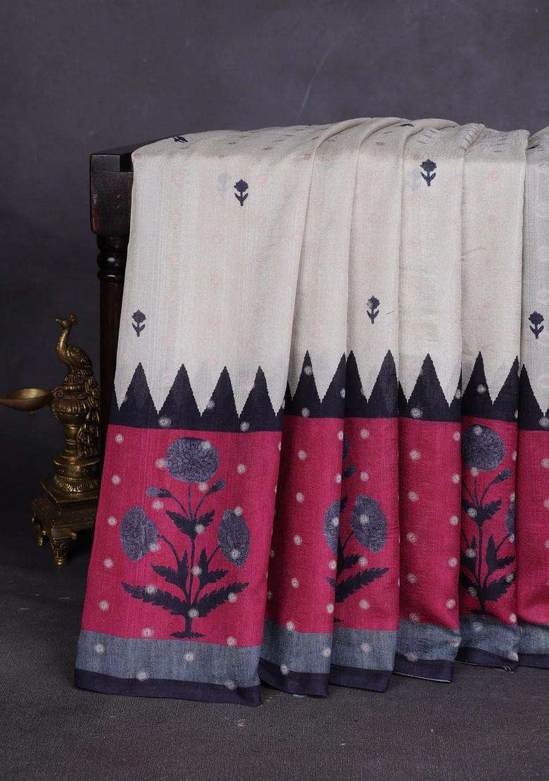 Matka Tussar Saree Beige And Dark Pink With Allover Thread Buttas Butta Prints And Long Temple Design Printed Border For Women - Indya