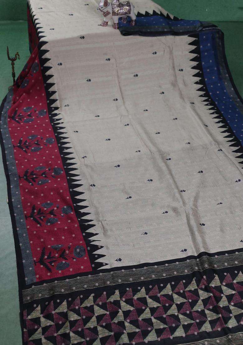 Matka Tussar Saree Beige And Dark Pink With Allover Thread Buttas Butta Prints And Long Temple Design Printed Border For Women - Indya