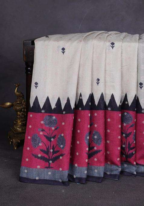 Matka Tussar Saree Beige And Dark Pink With Allover Thread Buttas Butta Prints And Long Temple Design Printed Border For Women