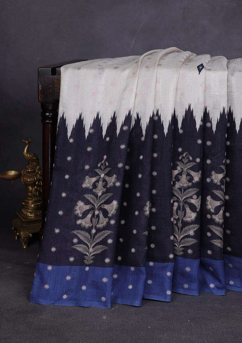 Matka Tussar Saree Beige And Black Blue With Allover Thread Buttas Butta Prints And Long Temple Design Printed Border For Women - Indya