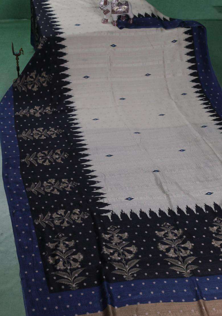 Matka Tussar Saree Beige And Black Blue With Allover Thread Buttas Butta Prints And Long Temple Design Printed Border For Women - Indya