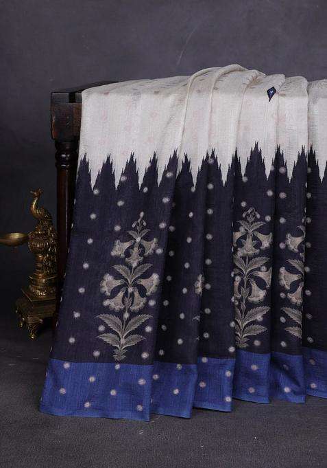 Matka Tussar Saree Beige And Black Blue With Allover Thread Buttas Butta Prints And Long Temple Design Printed Border For Women