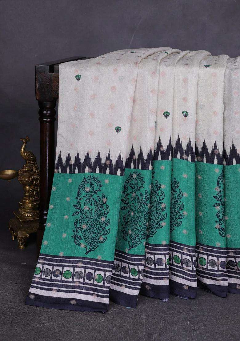 Matka Tussar Saree Beige And Teal Green With Allover Thread Buttas Butta Prints And Long Temple Design Printed Border For Women - Indya