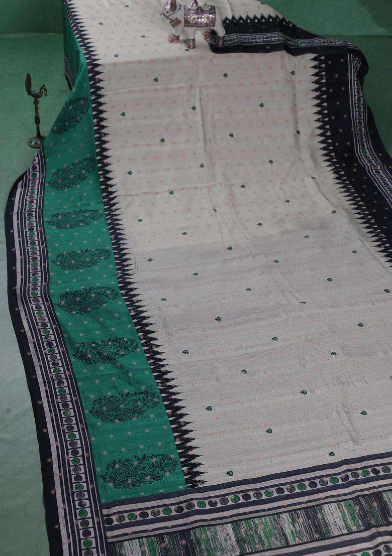 Matka Tussar Saree Beige And Teal Green With Allover Thread Buttas Butta Prints And Long Temple Design Printed Border For Women - Indya