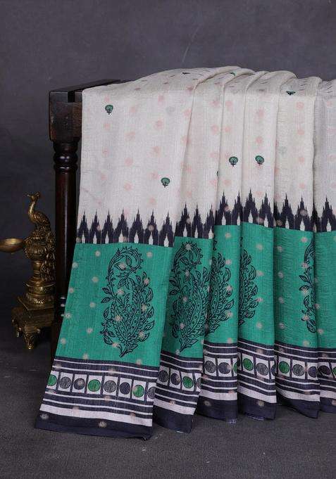 Matka Tussar Saree Beige And Teal Green With Allover Thread Buttas Butta Prints And Long Temple Design Printed Border For Women