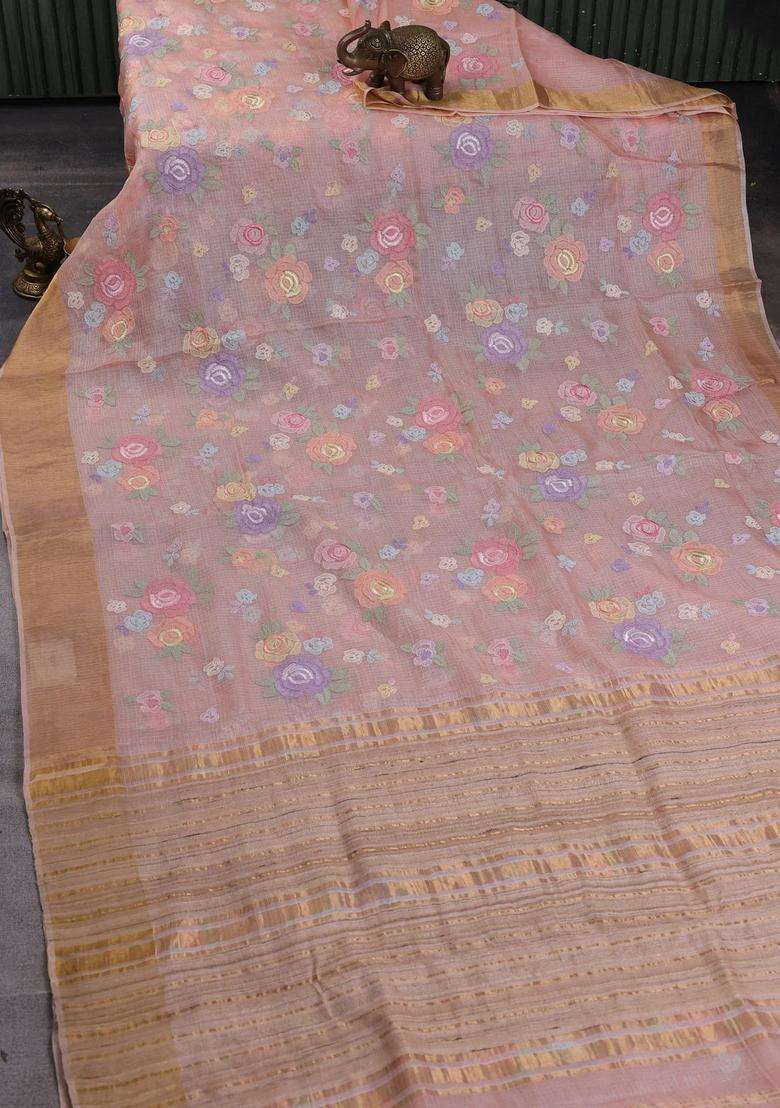Silk Kota Cotton Saree Peach Orange With Allover Floral Embroidery Work And Zari Woven Border With Embroidered Design For Women - Indya