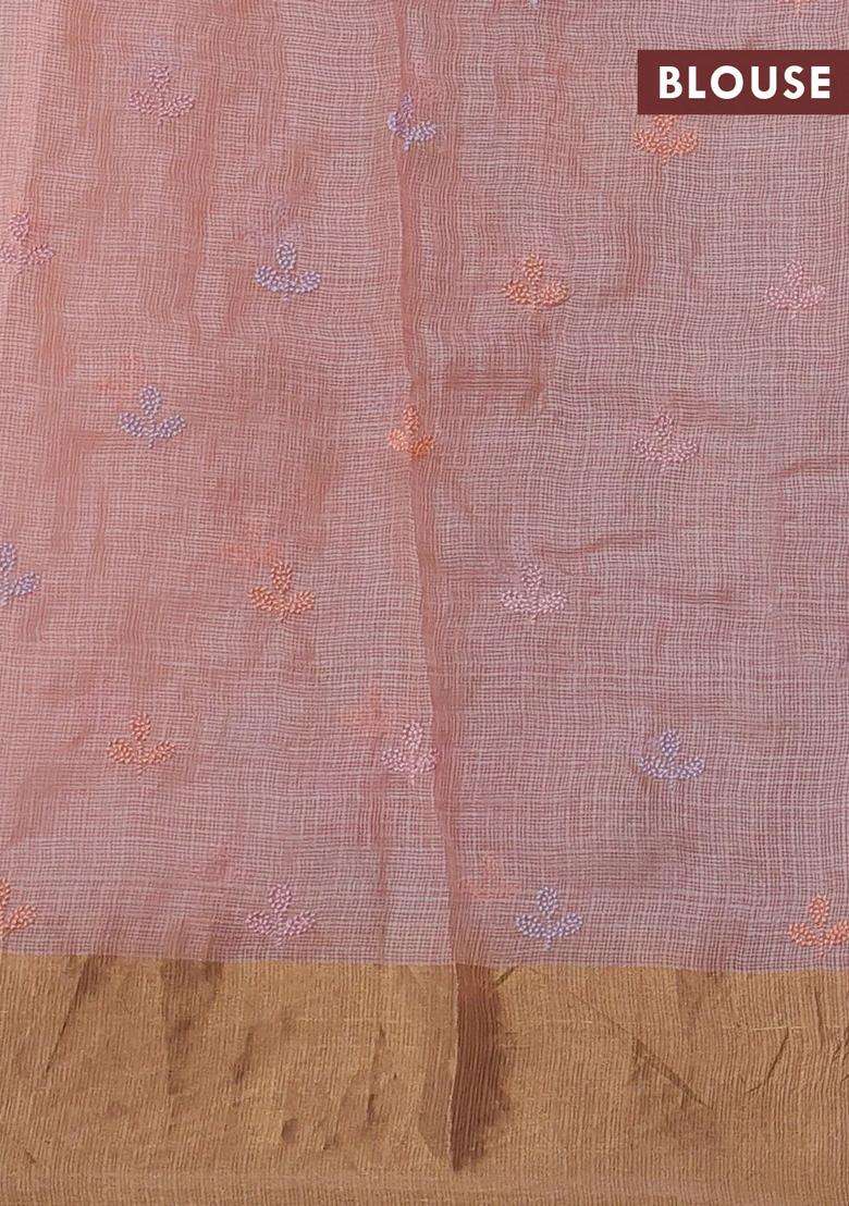 Silk Kota Cotton Saree Peach Orange With Allover Floral Embroidery Work And Zari Woven Border With Embroidered Design For Women - Indya