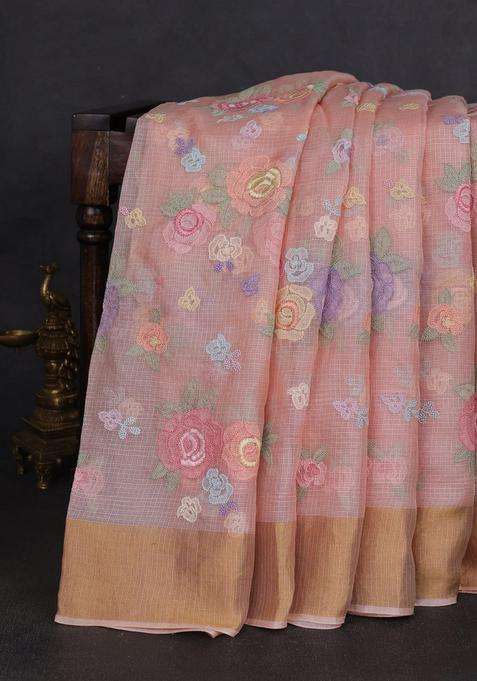 Silk Kota Cotton Saree Peach Orange With Allover Floral Embroidery Work And Zari Woven Border With Embroidered Design For Women