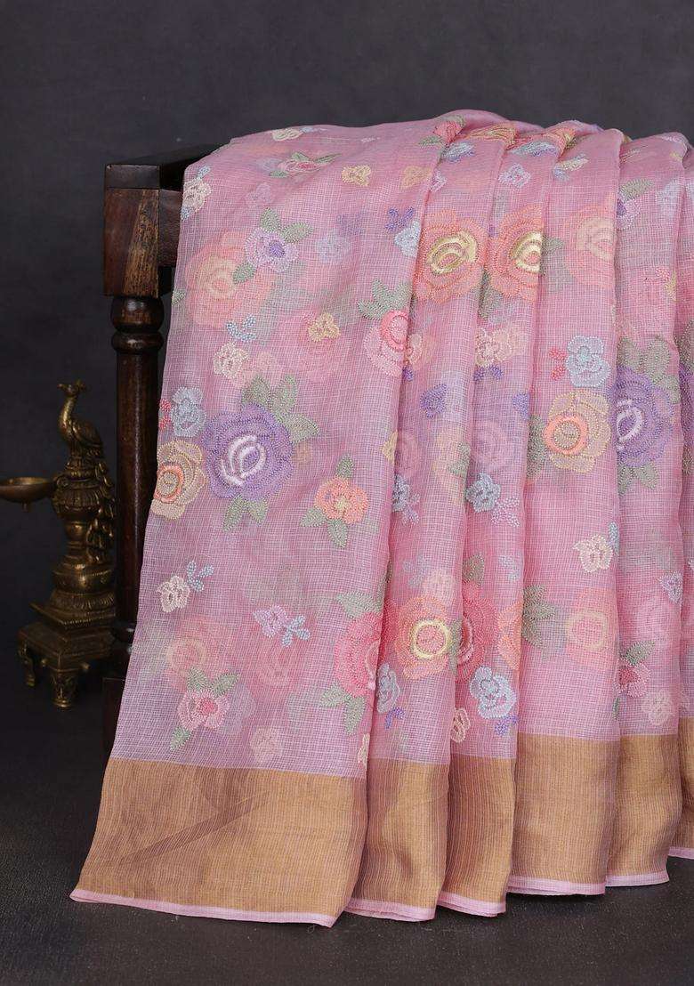 Silk Kota Cotton Saree Light Pink With Allover Floral Embroidery Work And Zari Woven Border With Embroidered Design For Women - Indya