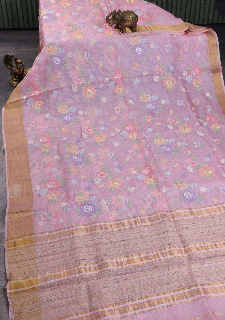 Silk Kota Cotton Saree Light Pink With Allover Floral Embroidery Work And Zari Woven Border With Embroidered Design For Women - Indya