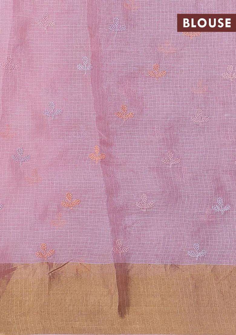 Silk Kota Cotton Saree Light Pink With Allover Floral Embroidery Work And Zari Woven Border With Embroidered Design For Women - Indya