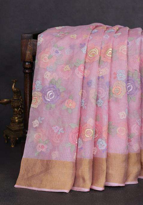 Silk Kota Cotton Saree Light Pink With Allover Floral Embroidery Work And Zari Woven Border With Embroidered Design For Women