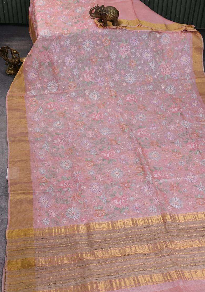 Silk Kota Cotton Saree Peach Shade With Allover Floral Embroidery Work And Zari Woven Border With Embroidered Design For Women - Indya
