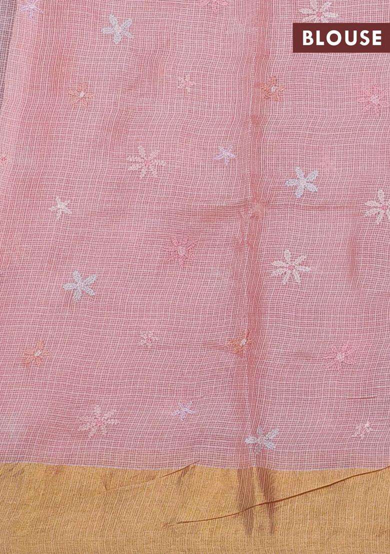 Silk Kota Cotton Saree Peach Shade With Allover Floral Embroidery Work And Zari Woven Border With Embroidered Design For Women - Indya