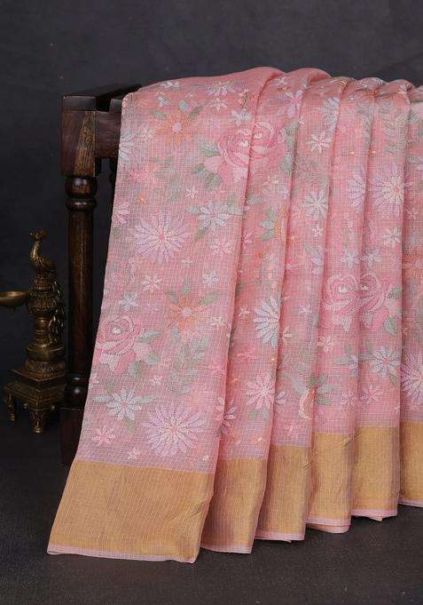 Silk Kota Cotton Saree Peach Shade With Allover Floral Embroidery Work And Zari Woven Border With Embroidered Design For Women