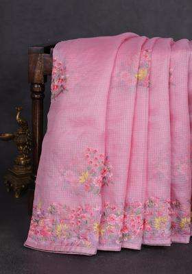 Silk Kota Cotton Saree Light Pink With Floral Embroidery Work Buttas And Embroidery Work Border With Embroidered Design For Women