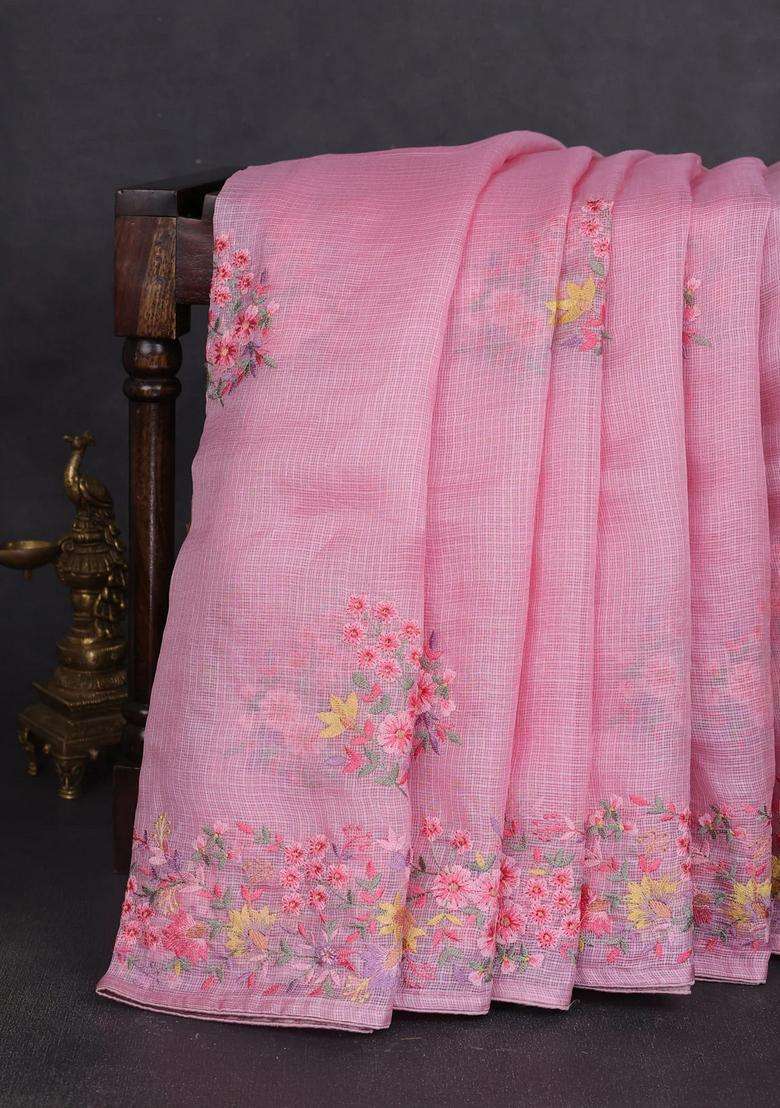 Silk Kota Cotton Saree Light Pink With Floral Embroidery Work Buttas And Embroidery Work Border With Embroidered Design For Women - Indya