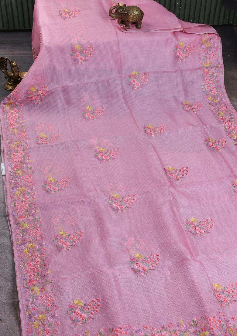 Silk Kota Cotton Saree Light Pink With Floral Embroidery Work Buttas And Embroidery Work Border With Embroidered Design For Women - Indya