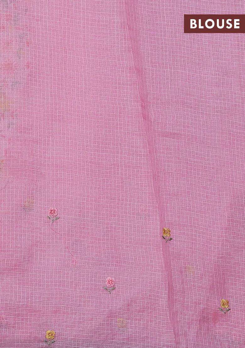 Silk Kota Cotton Saree Light Pink With Floral Embroidery Work Buttas And Embroidery Work Border With Embroidered Design For Women - Indya